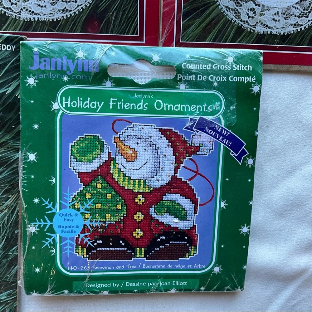 Vintage Lot of 5 Christmas Ornament Cross Stitch Kits Holiday Time Janlynn